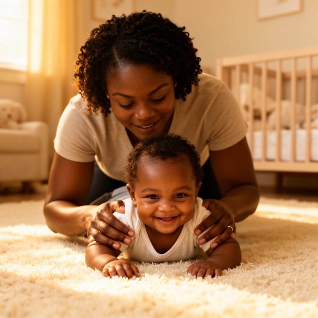 Caregiver holding a smiling infant in the Crystals baby room