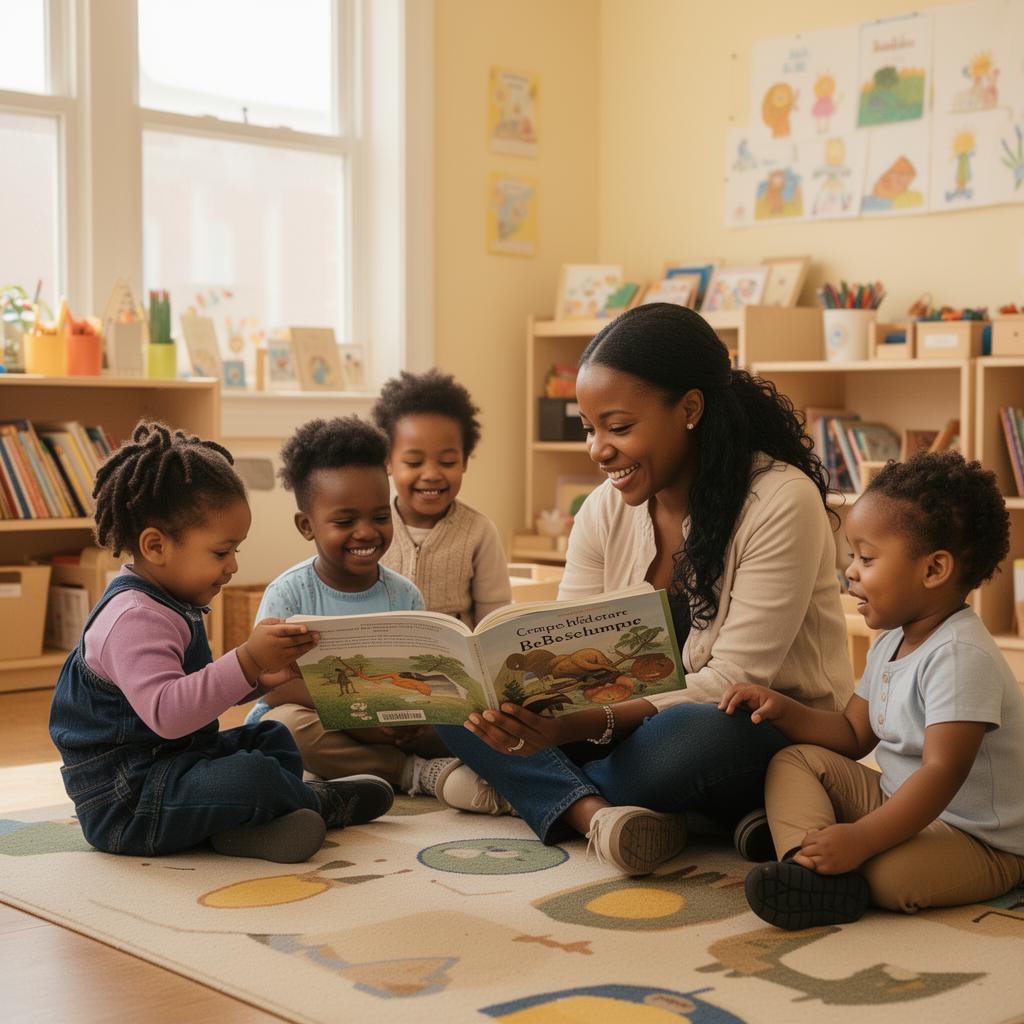 Teacher reading with children in a bright Crystals classroom
