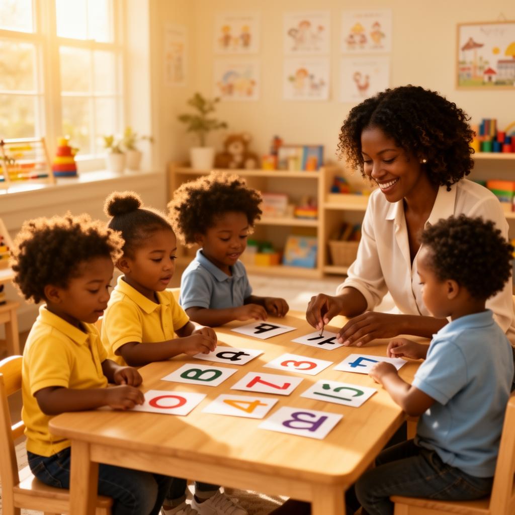 Preschoolers working together on an early-learning project
