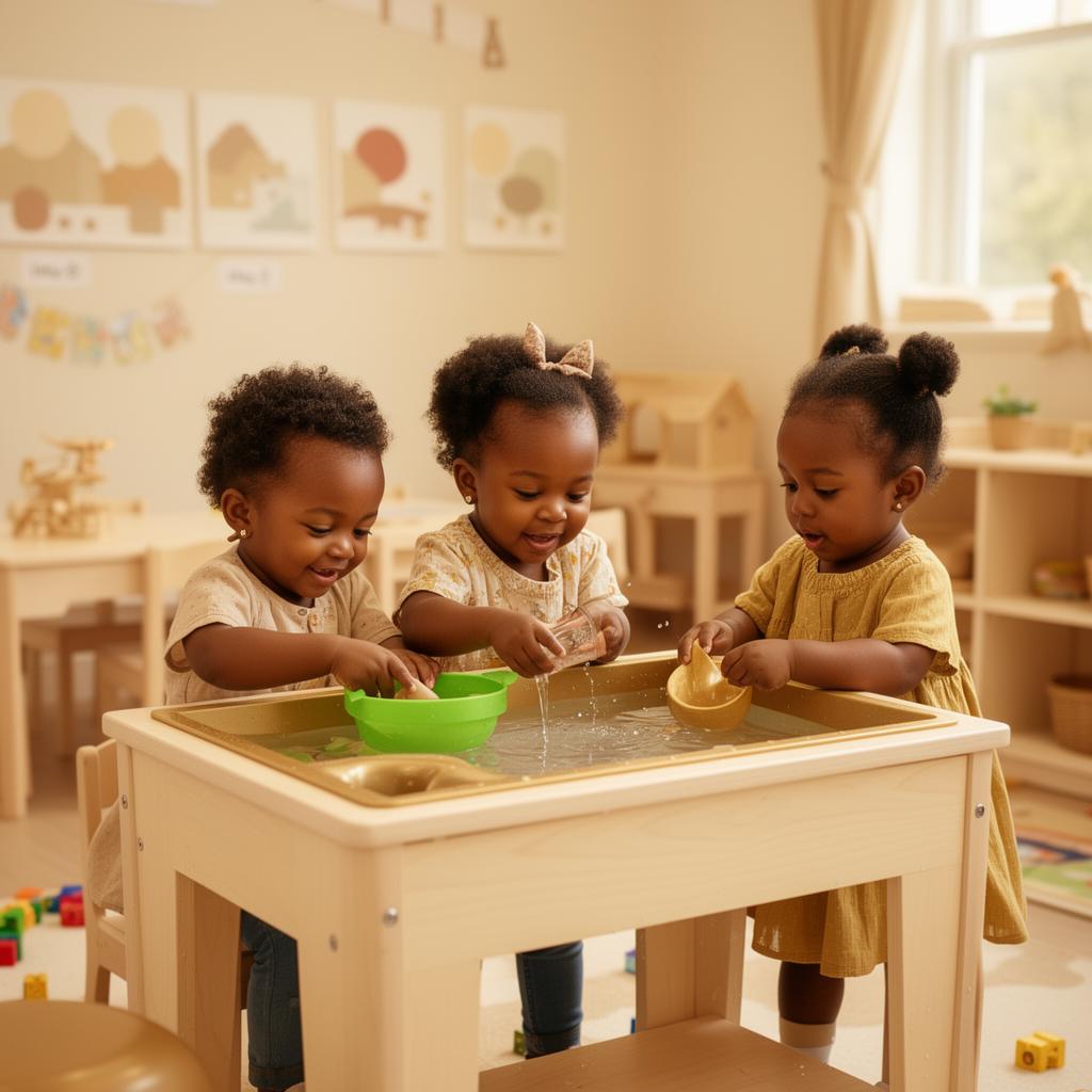 Toddlers exploring a hands-on sensory activity table